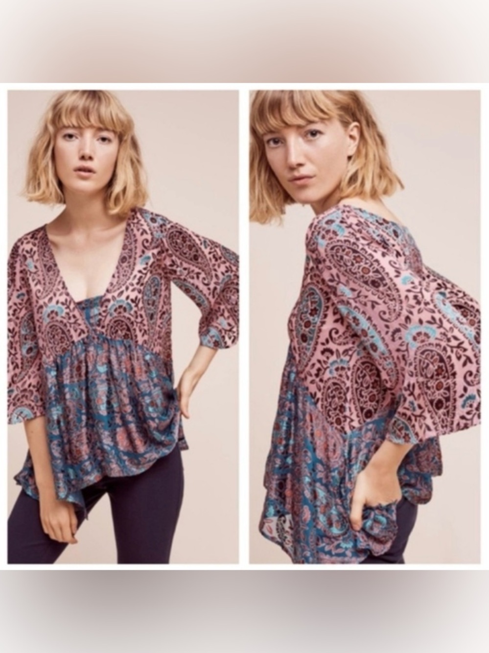 Anthropologie Floreat Silk Blend Velvet Floral Blouse